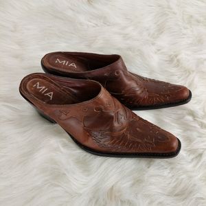 MIA Vintage Westwrn Phoenix Tooled Leather Mules
